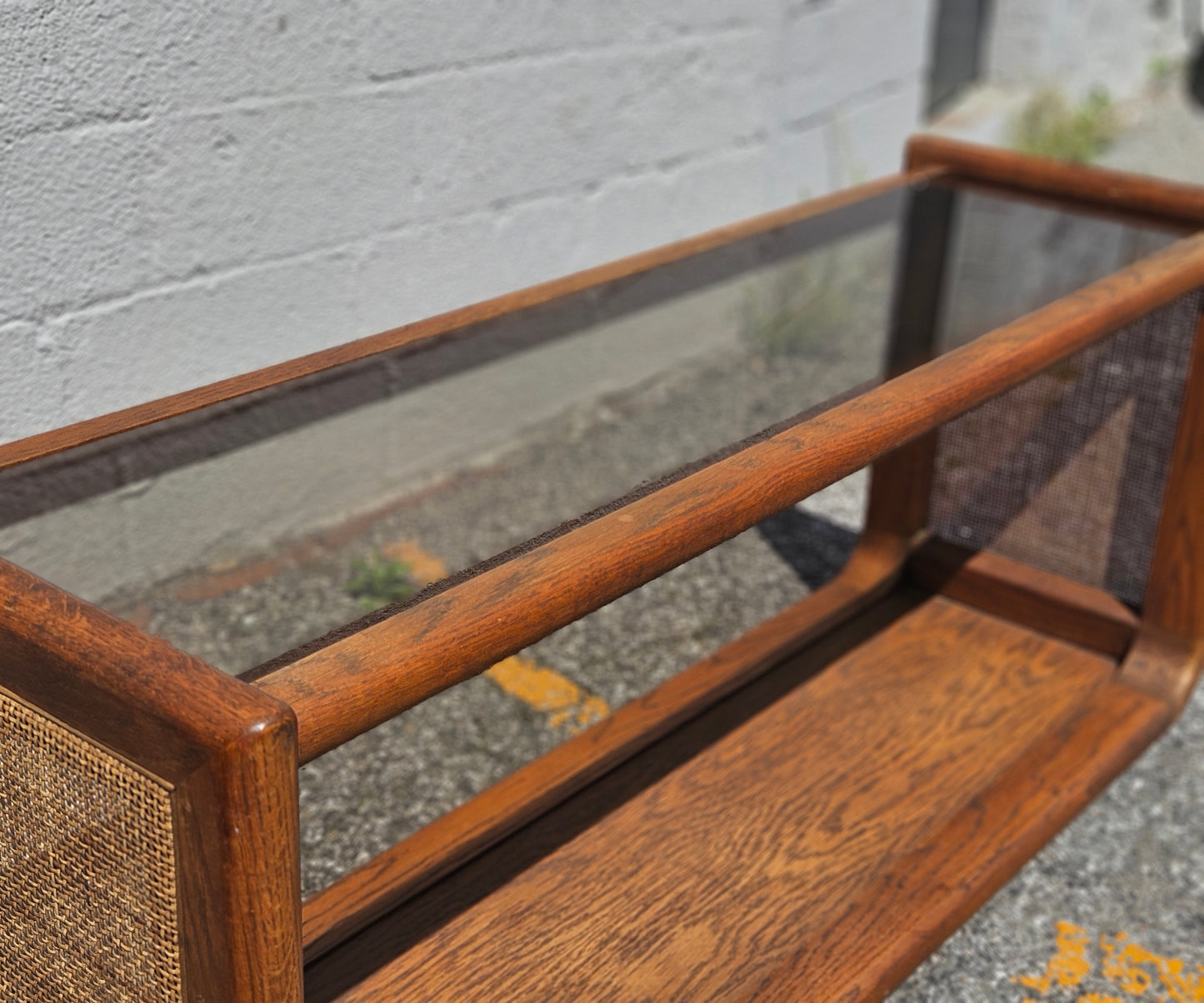 Oak & Rattan Console with Smoked Glass