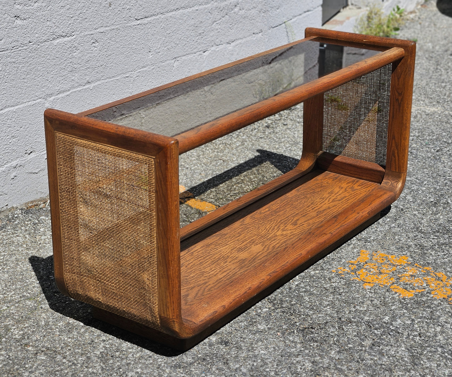 Oak & Rattan Console with Smoked Glass