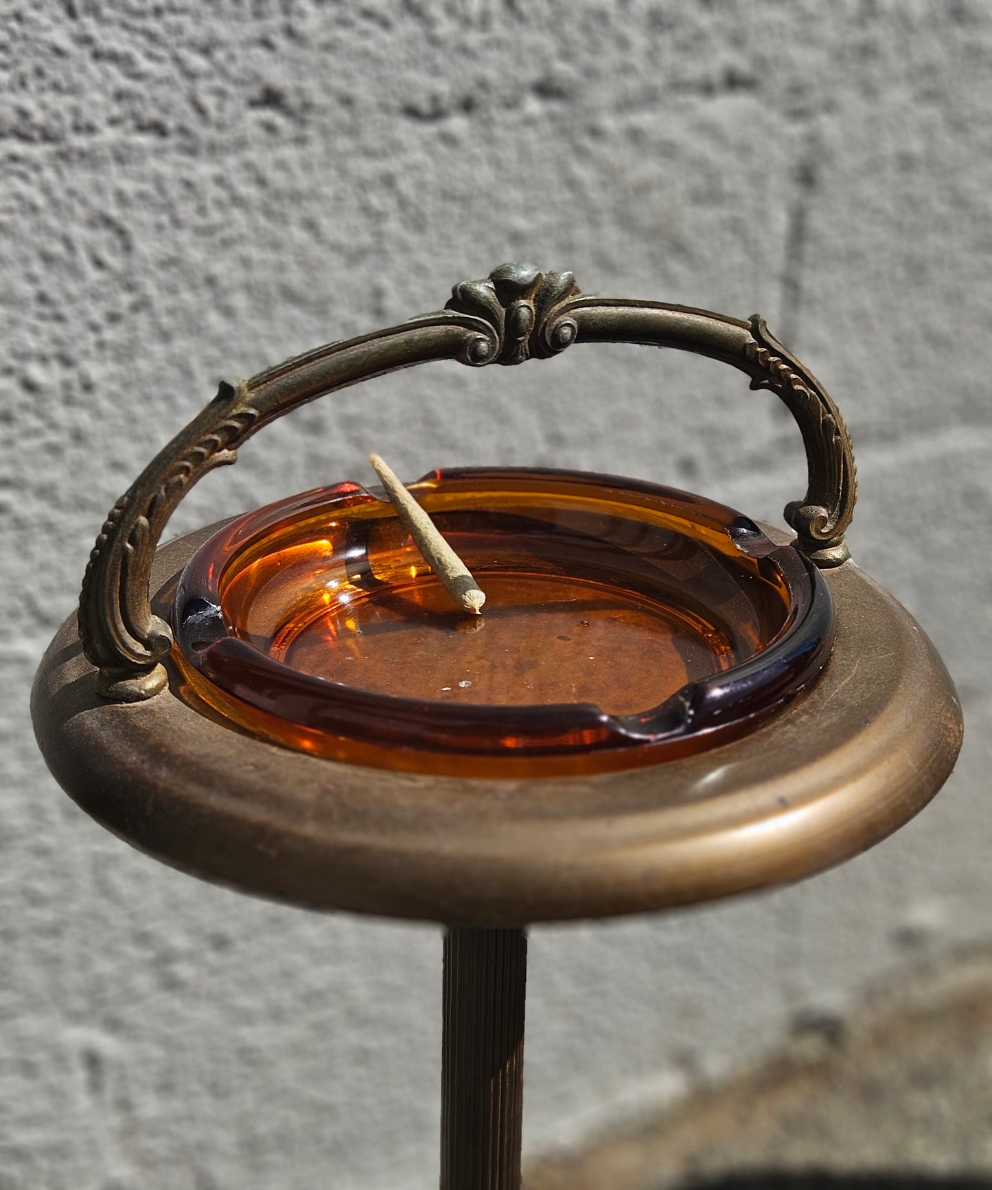 Brass & Amber Glass Standing Ashtray