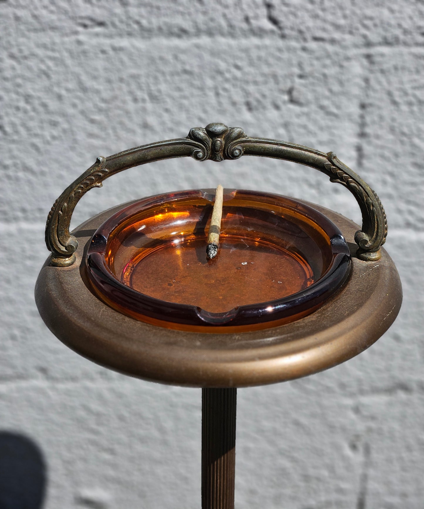 Brass & Amber Glass Standing Ashtray