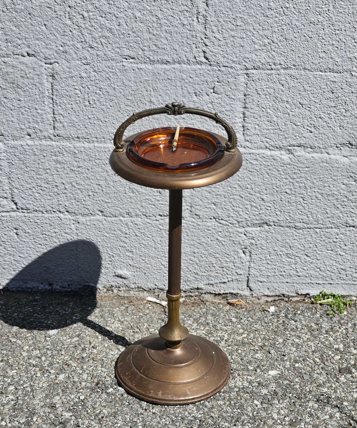 Brass & Amber Glass Standing Ashtray