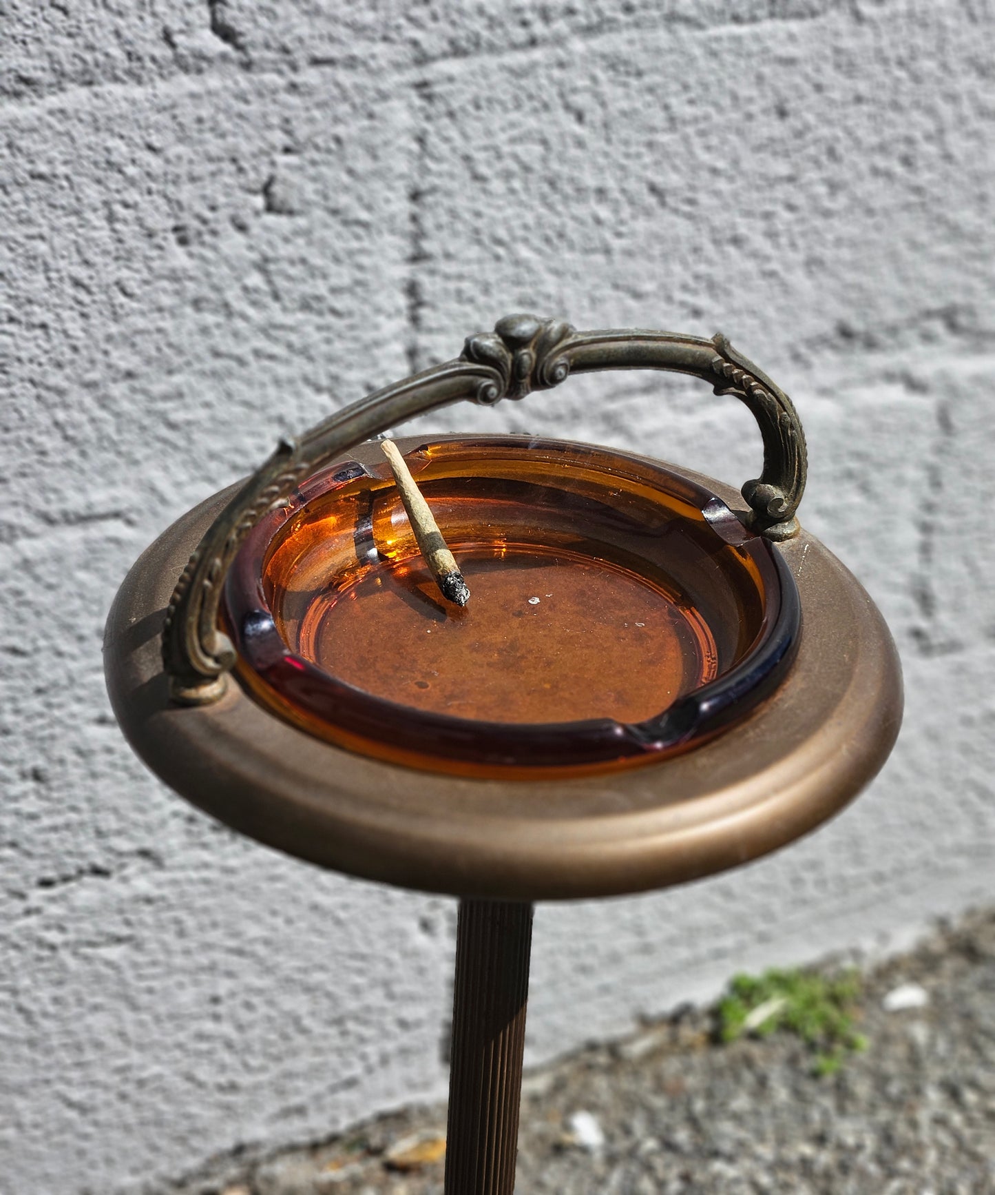 Brass & Amber Glass Standing Ashtray