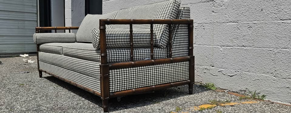 Vintage Houndstooth and Cane Sofa