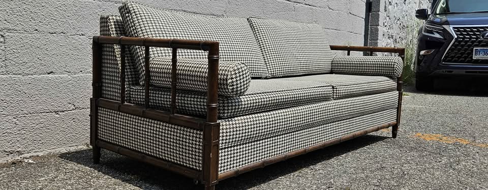 Vintage Houndstooth and Cane Sofa