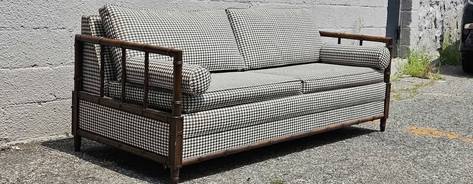 Vintage Houndstooth and Cane Sofa