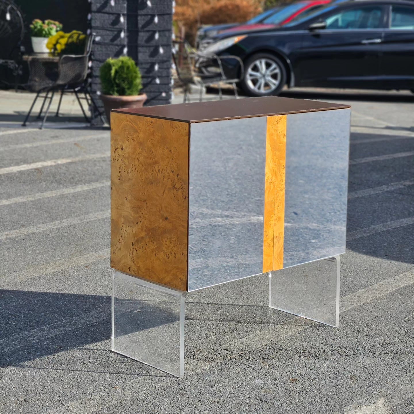 1960's Burlwood and Lucite Bar Cabinet.