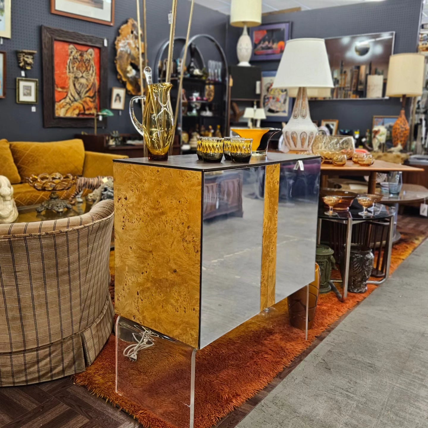 1960's Burlwood and Lucite Bar Cabinet.