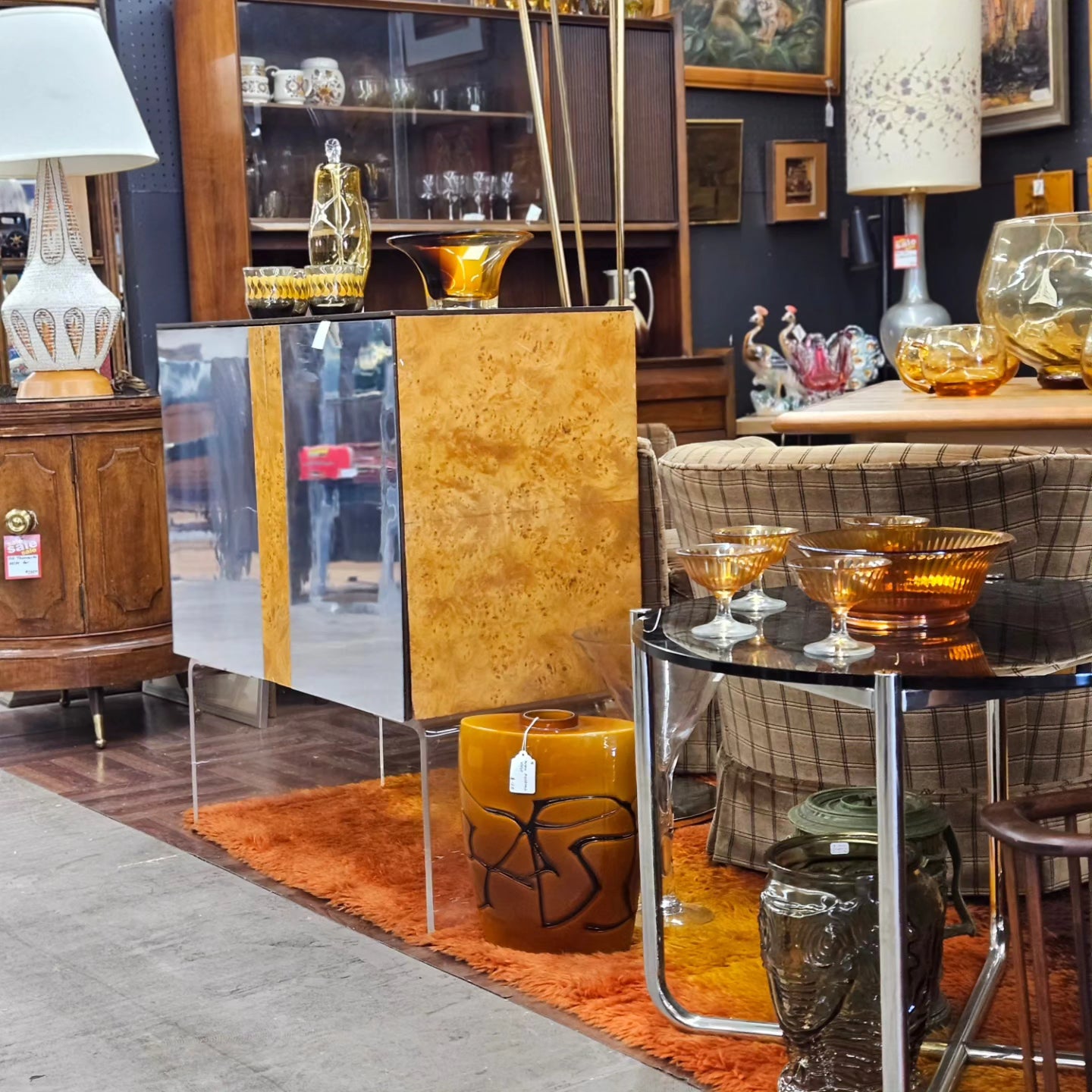 1960's Burlwood and Lucite Bar Cabinet.