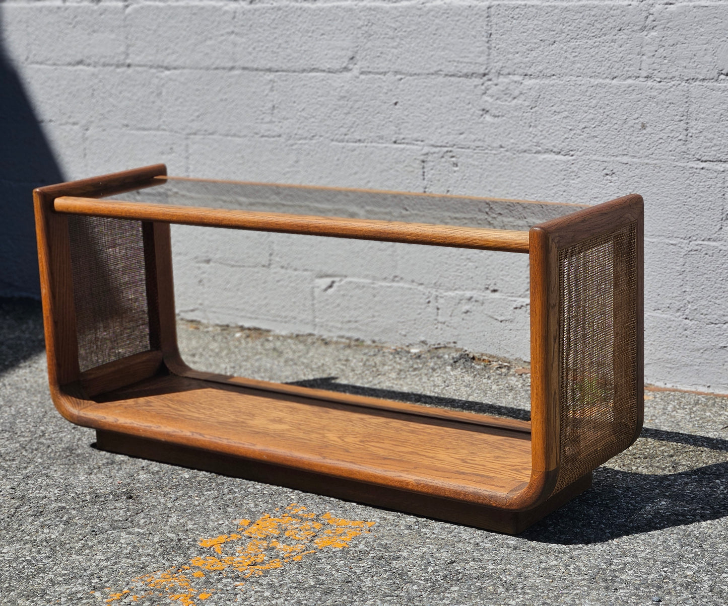 Oak & Rattan Console with Smoked Glass