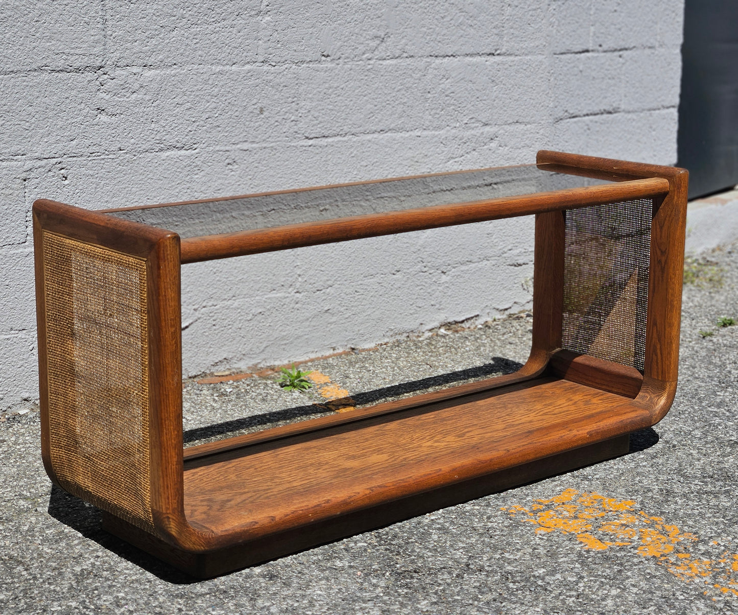 Oak & Rattan Console with Smoked Glass