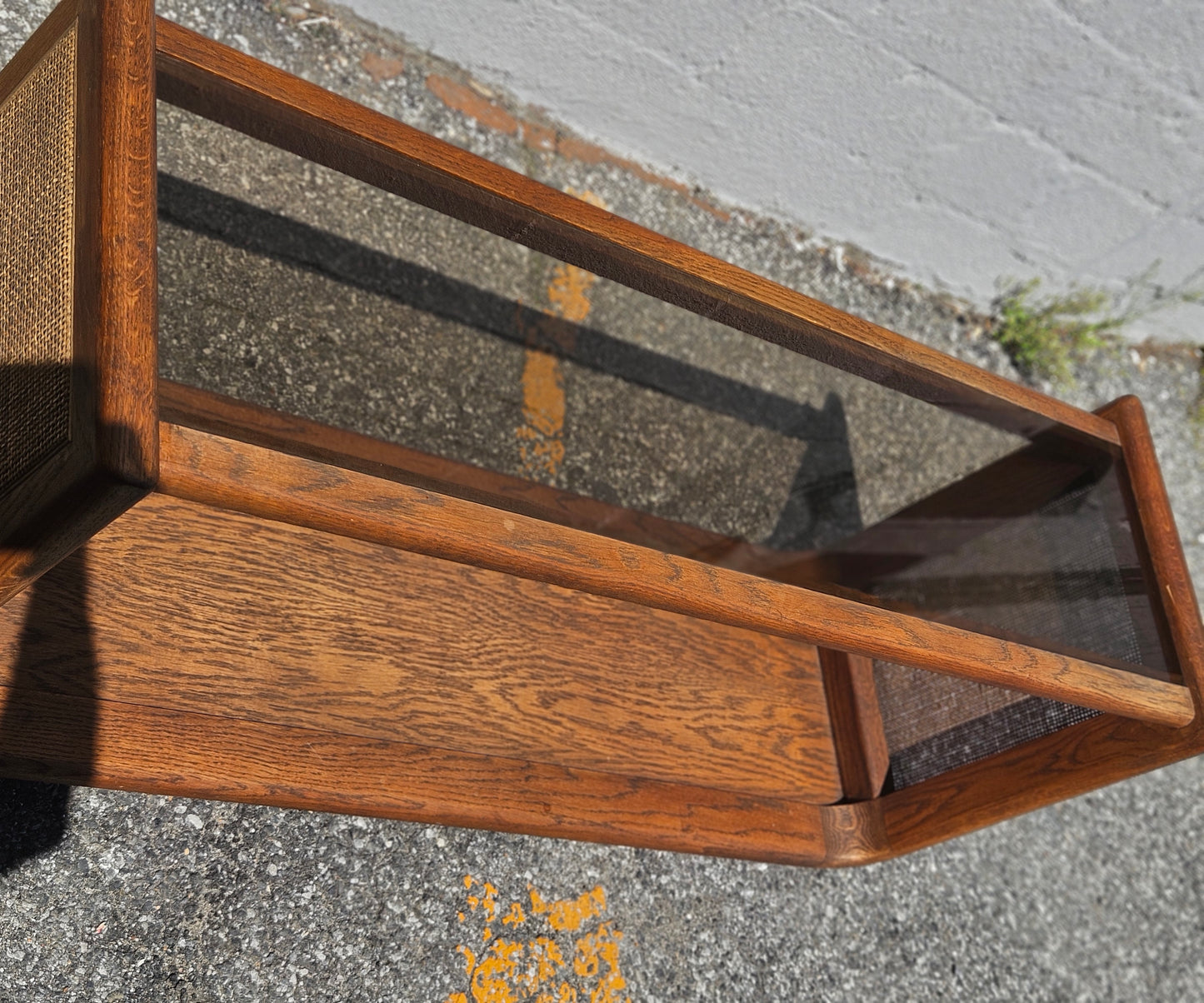 Oak & Rattan Console with Smoked Glass